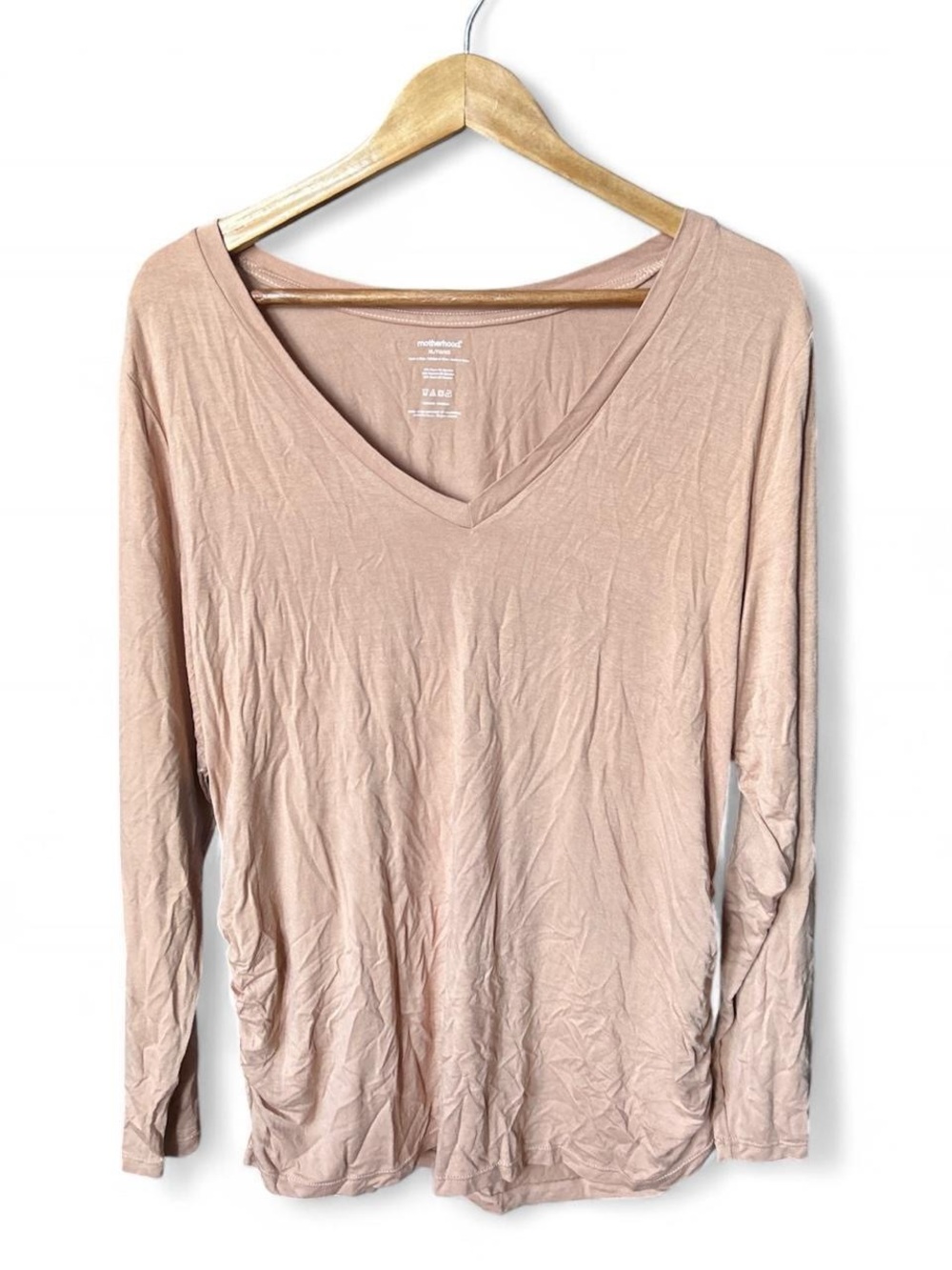 Motherhood Maternity Rayon Blend Ruched Long Sleeve Soft Comfy Stretch Top Blush